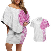 Traditional Polynesian Art Tattoos Couples Matching Off Shoulder Short Dress and Hawaiian Shirt Pink Color LT03 Pink - Polynesian Pride