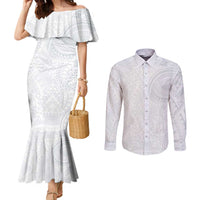 Lotu Tamaiti Couples Matching Mermaid Dress and Long Sleeve Button Shirt Traditional Samoan Art Tattoos LT03 White - Polynesian Pride