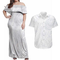 Lotu Tamaiti Couples Matching Off Shoulder Maxi Dress and Hawaiian Shirt Traditional Samoan Art Tattoos LT03 White - Polynesian Pride