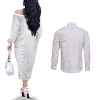 Lotu Tamaiti Couples Matching Off The Shoulder Long Sleeve Dress and Long Sleeve Button Shirt Traditional Samoan Art Tattoos LT03 - Polynesian Pride