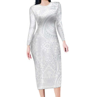 Lotu Tamaiti Long Sleeve Bodycon Dress Traditional Samoan Art Tattoos LT03 Long Dress White - Polynesian Pride