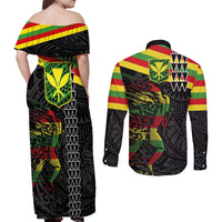 Kanaka Maoli Running Couples Matching Off Shoulder Maxi Dress and Long Sleeve Button Shirt Kakau Pattern with Kanaka Maoli Flag Color LT03 - Polynesian Pride