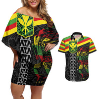 Kanaka Maoli Running Couples Matching Off Shoulder Short Dress and Hawaiian Shirt Kakau Pattern with Kanaka Maoli Flag Color LT03 Black - Polynesian Pride