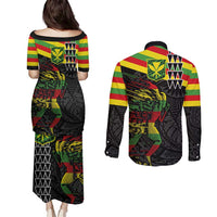 Kanaka Maoli Running Couples Matching Puletasi and Long Sleeve Button Shirt Kakau Pattern with Kanaka Maoli Flag Color LT03 - Polynesian Pride