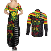 Kanaka Maoli Running Couples Matching Summer Maxi Dress and Long Sleeve Button Shirt Kakau Pattern with Kanaka Maoli Flag Color LT03 - Polynesian Pride