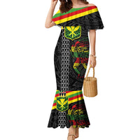 Kanaka Maoli Running Family Matching Mermaid Dress and Hawaiian Shirt Kakau Pattern with Kanaka Maoli Flag Color LT03 Mom's Dress Black - Polynesian Pride