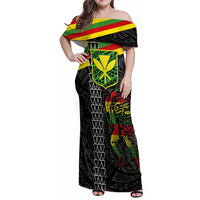 Kanaka Maoli Running Family Matching Off Shoulder Maxi Dress and Hawaiian Shirt Kakau Pattern with Kanaka Maoli Flag Color LT03 Mom's Dress Black - Polynesian Pride