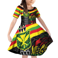 Kanaka Maoli Running Family Matching Off Shoulder Short Dress and Hawaiian Shirt Kakau Pattern with Kanaka Maoli Flag Color LT03 Daughter's Dress Black - Polynesian Pride