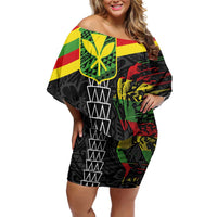 Kanaka Maoli Running Family Matching Off Shoulder Short Dress and Hawaiian Shirt Kakau Pattern with Kanaka Maoli Flag Color LT03 Mom's Dress Black - Polynesian Pride
