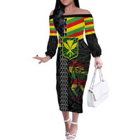 Kanaka Maoli Running Off The Shoulder Long Sleeve Dress Kakau Pattern with Kanaka Maoli Flag Color LT03 Women Black - Polynesian Pride