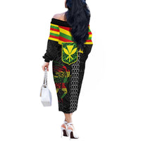 Kanaka Maoli Running Off The Shoulder Long Sleeve Dress Kakau Pattern with Kanaka Maoli Flag Color LT03 - Polynesian Pride