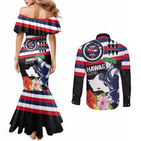 Honolulu Running Race Couples Matching Mermaid Dress and Long Sleeve Button Shirt Hawaii Marathon Kakau Art with Hibiscus and National Flag Style LT03 - Polynesian Pride