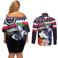 Honolulu Running Race Couples Matching Off Shoulder Short Dress and Long Sleeve Button Shirt Hawaii Marathon Kakau Art with Hibiscus and National Flag Style LT03 - Polynesian Pride