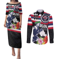 Honolulu Running Race Couples Matching Puletasi and Long Sleeve Button Shirt Hawaii Marathon Kakau Art with Hibiscus and National Flag Style LT03 Blue and White - Polynesian Pride