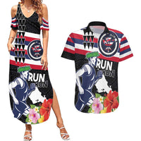 Honolulu Running Race Couples Matching Summer Maxi Dress and Hawaiian Shirt Hawaii Marathon Kakau Art with Hibiscus and National Flag Style LT03 Blue and White - Polynesian Pride