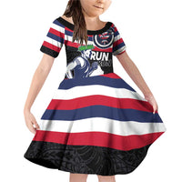 Honolulu Running Race Family Matching Off Shoulder Short Dress and Hawaiian Shirt Hawaii Marathon Kakau Art with Hibiscus and National Flag Style LT03 Daughter's Dress Blue and White - Polynesian Pride