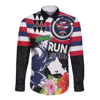 Honolulu Running Race Long Sleeve Button Shirt Hawaii Marathon Kakau Art with Hibiscus and National Flag Style LT03 Unisex Blue and White - Polynesian Pride
