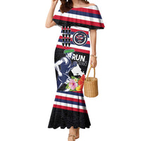 Honolulu Running Race Mermaid Dress Hawaii Marathon Kakau Art with Hibiscus and National Flag Style LT03 Women Blue and White - Polynesian Pride