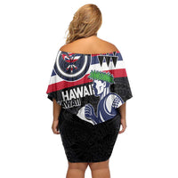 Honolulu Running Race Off Shoulder Short Dress Hawaii Marathon Kakau Art with Hibiscus and National Flag Style LT03 - Polynesian Pride