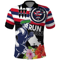 Honolulu Running Race Polo Shirt Hawaii Marathon Kakau Art with Hibiscus and National Flag Style LT03 Blue and White - Polynesian Pride