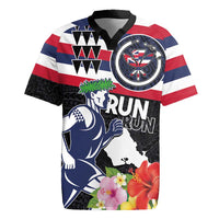 Honolulu Running Race Rugby Jersey Hawaii Marathon Kakau Art with Hibiscus and National Flag Style LT03 Blue and White - Polynesian Pride