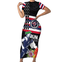 Honolulu Running Race Short Sleeve Bodycon Dress Hawaii Marathon Kakau Art with Hibiscus and National Flag Style LT03 Long Dress Blue and White - Polynesian Pride