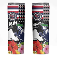 Honolulu Running Race Skinny Tumbler Hawaii Marathon Kakau Art with Hibiscus and National Flag Style LT03 Blue and White - Polynesian Pride