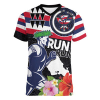 Honolulu Running Race Women V-Neck T-Shirt Hawaii Marathon Kakau Art with Hibiscus and National Flag Style LT03 Female Blue and White - Polynesian Pride