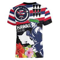 Honolulu Running Race Women V-Neck T-Shirt Hawaii Marathon Kakau Art with Hibiscus and National Flag Style LT03 - Polynesian Pride