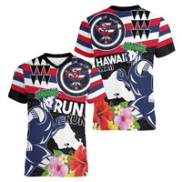 Honolulu Running Race Women V-Neck T-Shirt Hawaii Marathon Kakau Art with Hibiscus and National Flag Style LT03 - Polynesian Pride