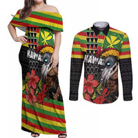 Kanaka Maoli Ikaika Warrior Couples Matching Off Shoulder Maxi Dress and Long Sleeve Button Shirt Hibiscus Kakau Art and Tapa Tribal Pattern LT03 Black - Polynesian Pride