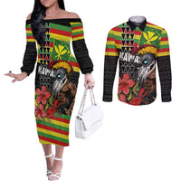 Kanaka Maoli Ikaika Warrior Couples Matching Off The Shoulder Long Sleeve Dress and Long Sleeve Button Shirt Hibiscus Kakau Art and Tapa Tribal Pattern LT03 Black - Polynesian Pride