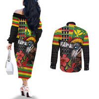 Kanaka Maoli Ikaika Warrior Couples Matching Off The Shoulder Long Sleeve Dress and Long Sleeve Button Shirt Hibiscus Kakau Art and Tapa Tribal Pattern LT03 - Polynesian Pride