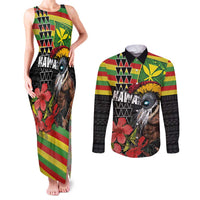 Kanaka Maoli Ikaika Warrior Couples Matching Tank Maxi Dress and Long Sleeve Button Shirt Hibiscus Kakau Art and Tapa Tribal Pattern LT03 Black - Polynesian Pride