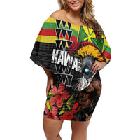 Kanaka Maoli Ikaika Warrior Off Shoulder Short Dress Hibiscus Kakau Art and Tapa Tribal Pattern LT03 Women Black - Polynesian Pride