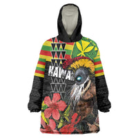 Kanaka Maoli Ikaika Warrior Wearable Blanket Hoodie Hibiscus Kakau Art and Tapa Tribal Pattern LT03 One Size Black - Polynesian Pride