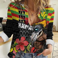 Kanaka Maoli Ikaika Warrior Women Casual Shirt Hibiscus Kakau Art and Tapa Tribal Pattern LT03 Female Black - Polynesian Pride