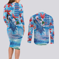 Hawaiian Waves Whale Couples Matching Long Sleeve Bodycon Dress and Long Sleeve Button Shirt Kakau Art and Tropical Red Hibiscus Flowers LT03 - Polynesian Pride