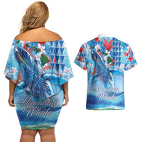 Hawaiian Waves Whale Couples Matching Off Shoulder Short Dress and Hawaiian Shirt Kakau Art and Tropical Red Hibiscus Flowers LT03 - Polynesian Pride