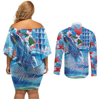 Hawaiian Waves Whale Couples Matching Off Shoulder Short Dress and Long Sleeve Button Shirt Kakau Art and Tropical Red Hibiscus Flowers LT03 - Polynesian Pride