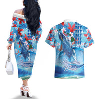 Hawaiian Waves Whale Couples Matching Off The Shoulder Long Sleeve Dress and Hawaiian Shirt Kakau Art and Tropical Red Hibiscus Flowers LT03 - Polynesian Pride