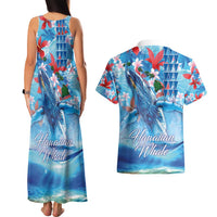 Hawaiian Waves Whale Couples Matching Tank Maxi Dress and Hawaiian Shirt Kakau Art and Tropical Red Hibiscus Flowers LT03 - Polynesian Pride