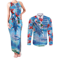 Hawaiian Waves Whale Couples Matching Tank Maxi Dress and Long Sleeve Button Shirt Kakau Art and Tropical Red Hibiscus Flowers LT03 Blue - Polynesian Pride