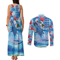 Hawaiian Waves Whale Couples Matching Tank Maxi Dress and Long Sleeve Button Shirt Kakau Art and Tropical Red Hibiscus Flowers LT03 - Polynesian Pride