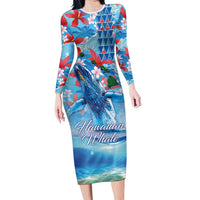 Hawaiian Waves Whale Family Matching Long Sleeve Bodycon Dress and Hawaiian Shirt Kakau Art and Tropical Red Hibiscus Flowers LT03 Mom's Dress Blue - Polynesian Pride