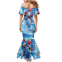 Hawaiian Waves Whale Family Matching Mermaid Dress and Hawaiian Shirt Kakau Art and Tropical Red Hibiscus Flowers LT03 - Polynesian Pride