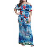 Hawaiian Waves Whale Family Matching Off Shoulder Maxi Dress and Hawaiian Shirt Kakau Art and Tropical Red Hibiscus Flowers LT03 Mom's Dress Blue - Polynesian Pride