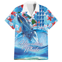 Hawaiian Waves Whale Family Matching Off Shoulder Short Dress and Hawaiian Shirt Kakau Art and Tropical Red Hibiscus Flowers LT03 Dad's Shirt - Short Sleeve Blue - Polynesian Pride