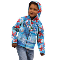 Hawaiian Waves Whale Kid Hoodie Kakau Art and Tropical Red Hibiscus Flowers LT03 - Polynesian Pride