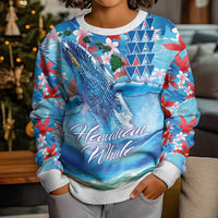 Hawaiian Waves Whale Kid Ugly Christmas Sweater Kakau Art and Tropical Red Hibiscus Flowers LT03 - Polynesian Pride